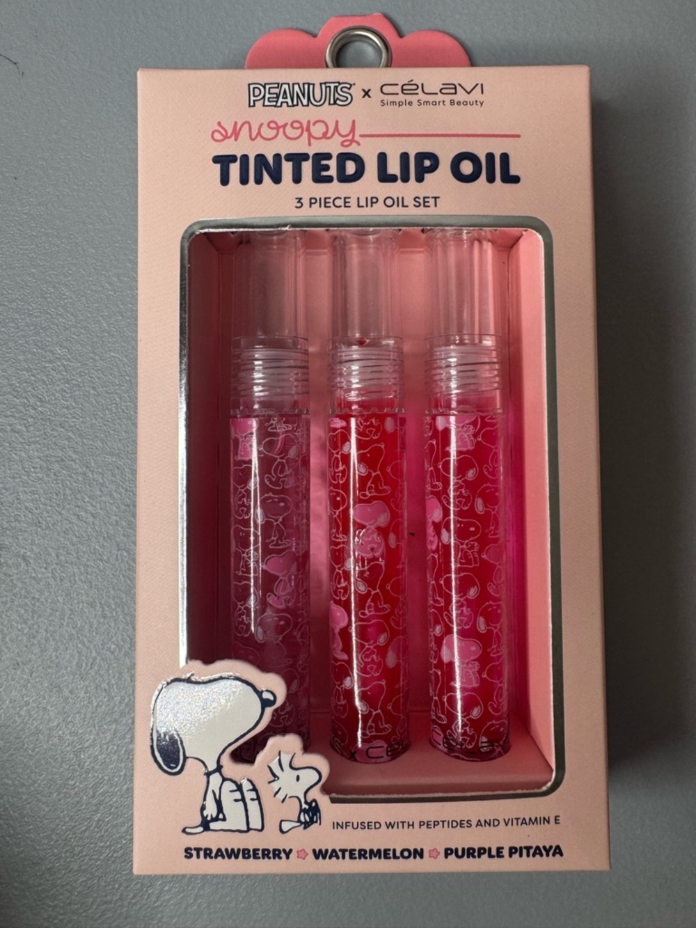 Peanuts Snoopy x celavi Tinted Lip Oil Trio strawberry watermelon purple pitaya
